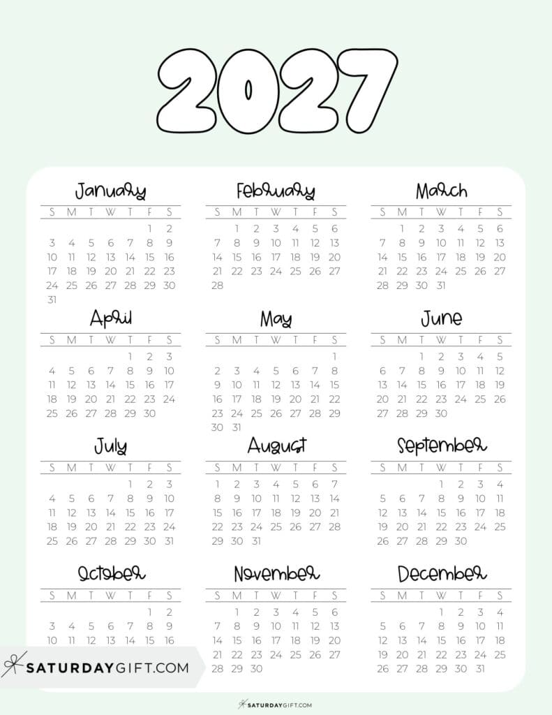 Free 2027 Yearly Calendar PDF Printable One Page Green
