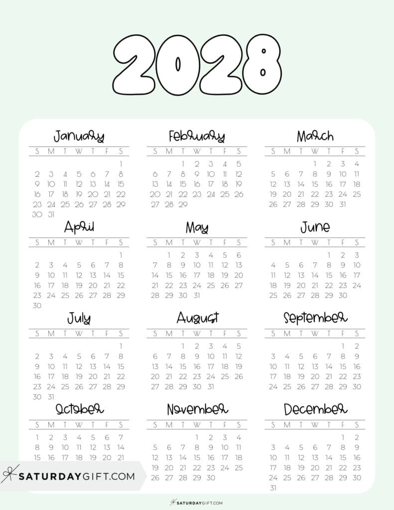 Free 2028 Yearly Calendar PDF Printable One Page Green