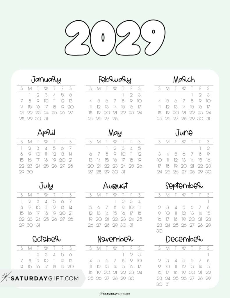 Free 2029 Yearly Calendar PDF Printable One Page Green