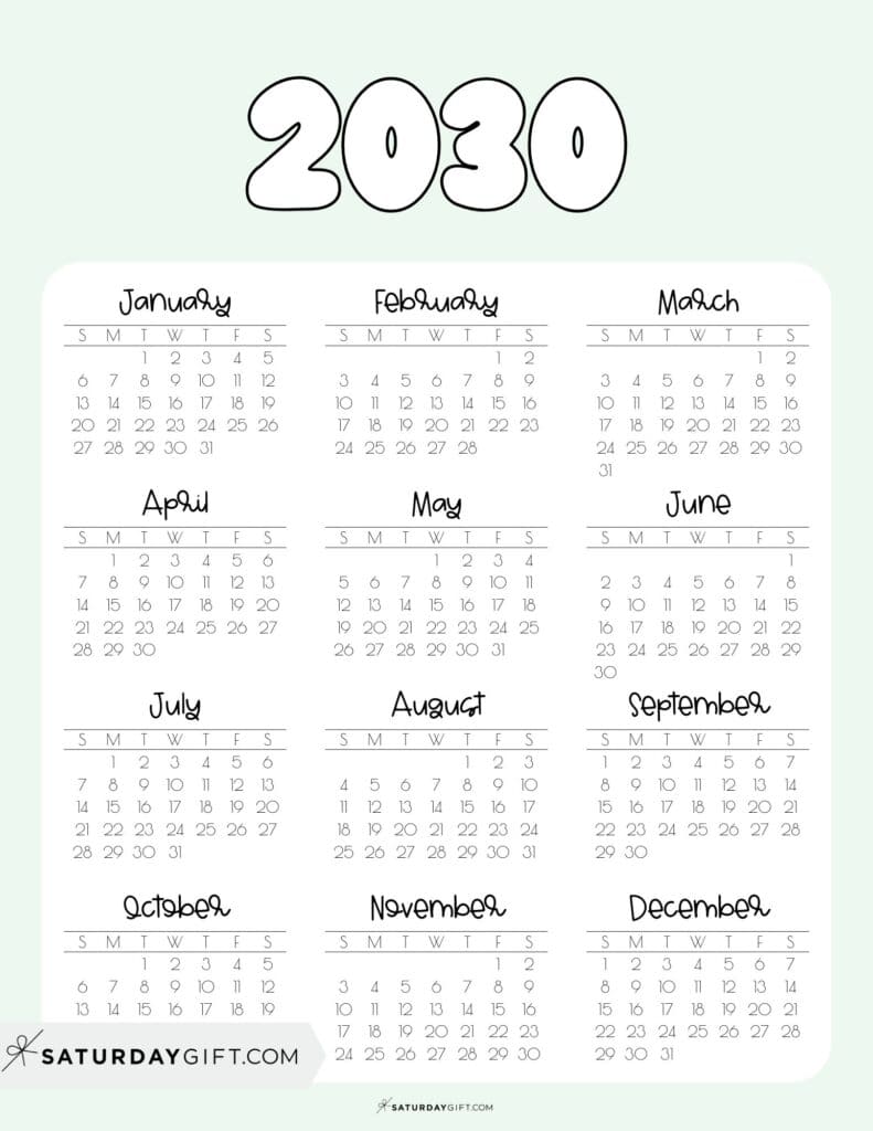 Free 2030 Yearly Calendar PDF Printable One Page Green