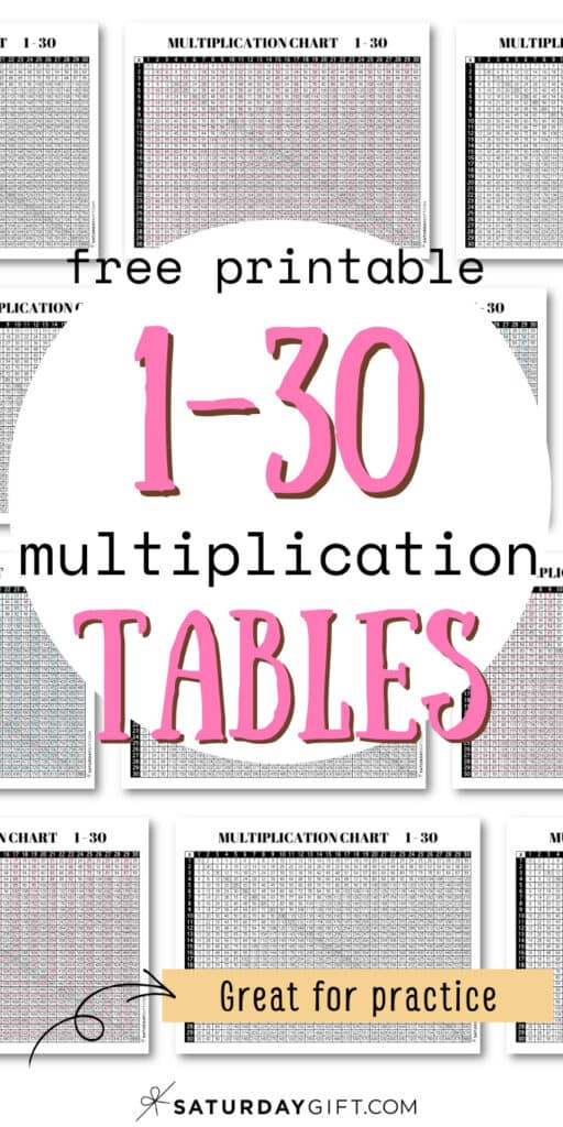 Free Printable 1 - 30 Multiplication Tables - Great for Practice | SaturdayGift