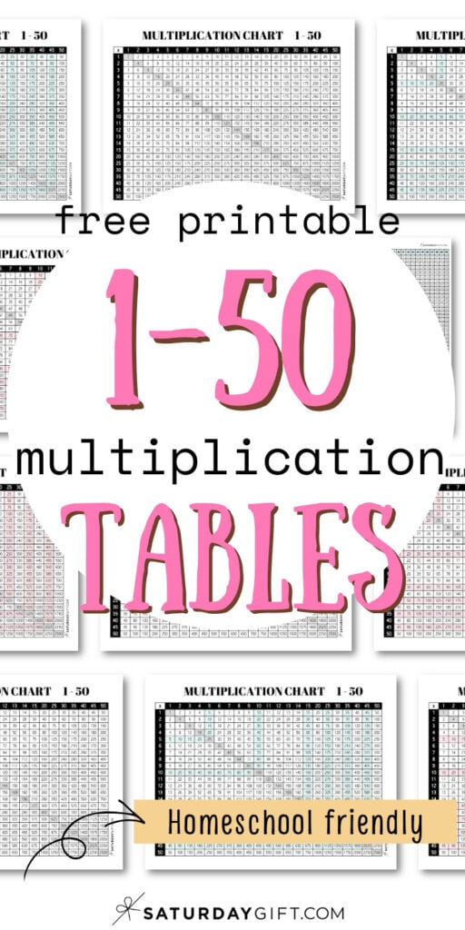 Free Printable 1-50 Multiplication Tables - Homeschool Friendly | SaturdayGift