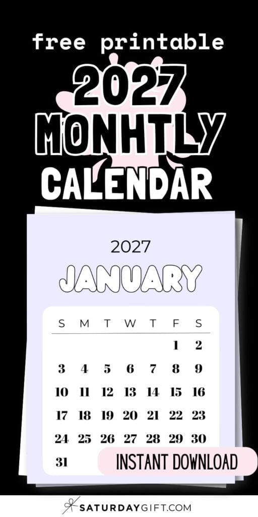 Free Printable 2027 Monthly Calendar - Instant Download | SaturdayGift