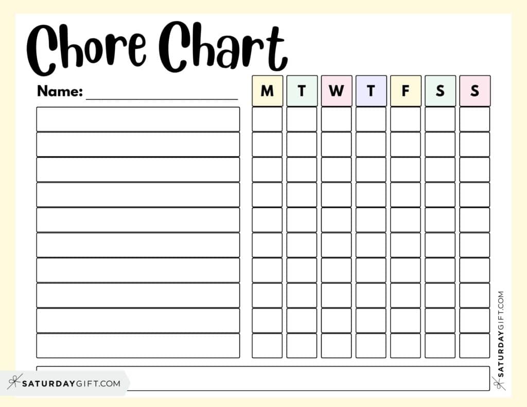 Free Printable Chore Chart - Landscape Yellow | SaturdayGift