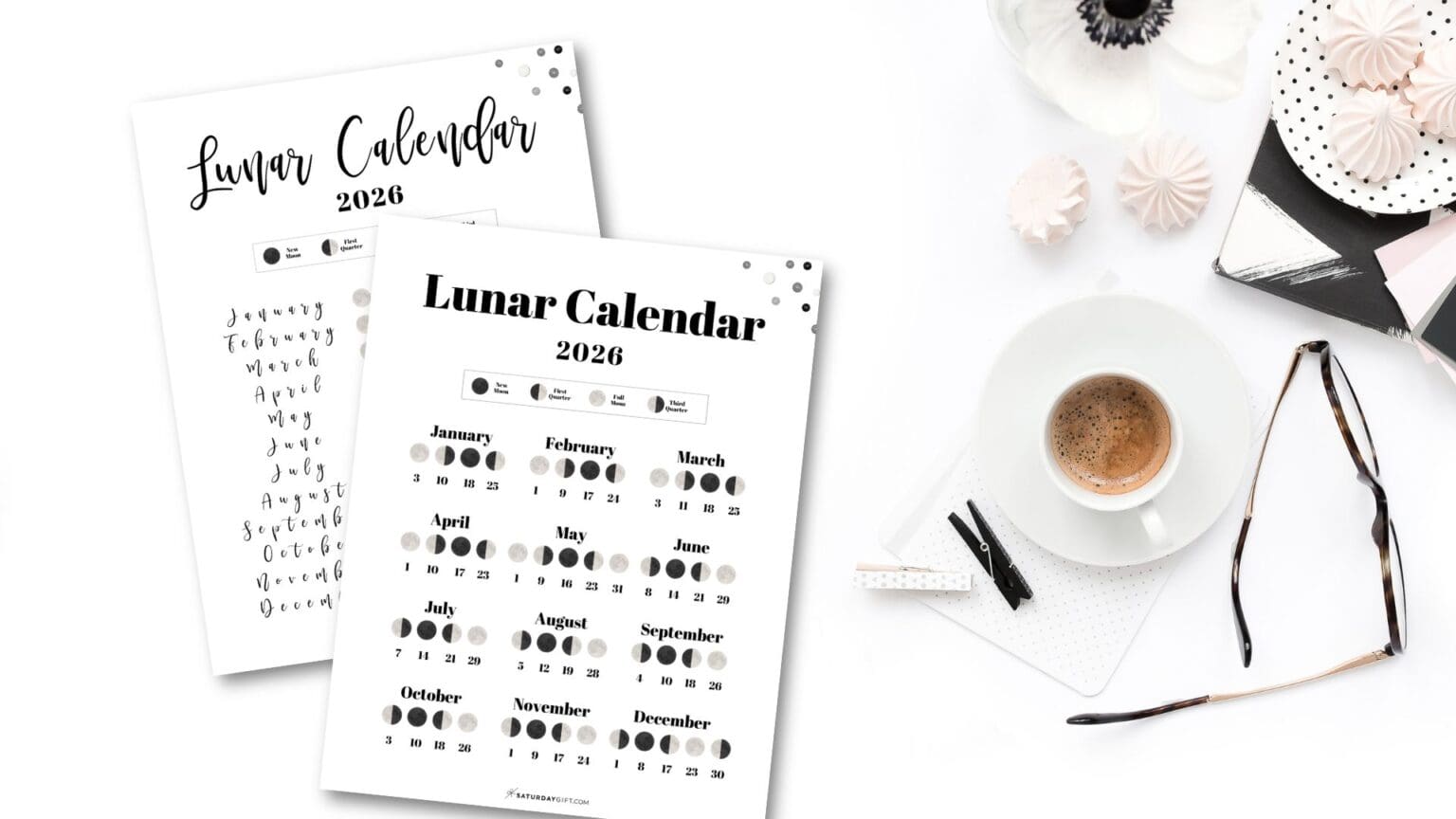 Lunar Calendar 2026 - 12 Moon Phase Calendar Printables