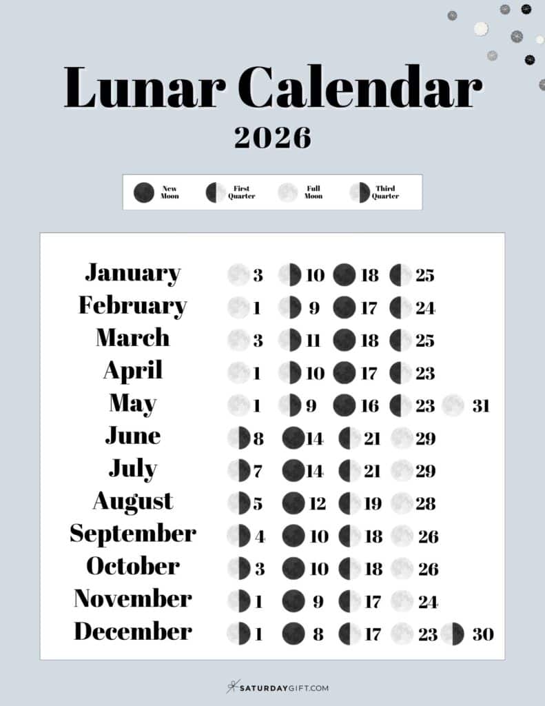 Free Printable Moon Phases Calendar 2026 Gray