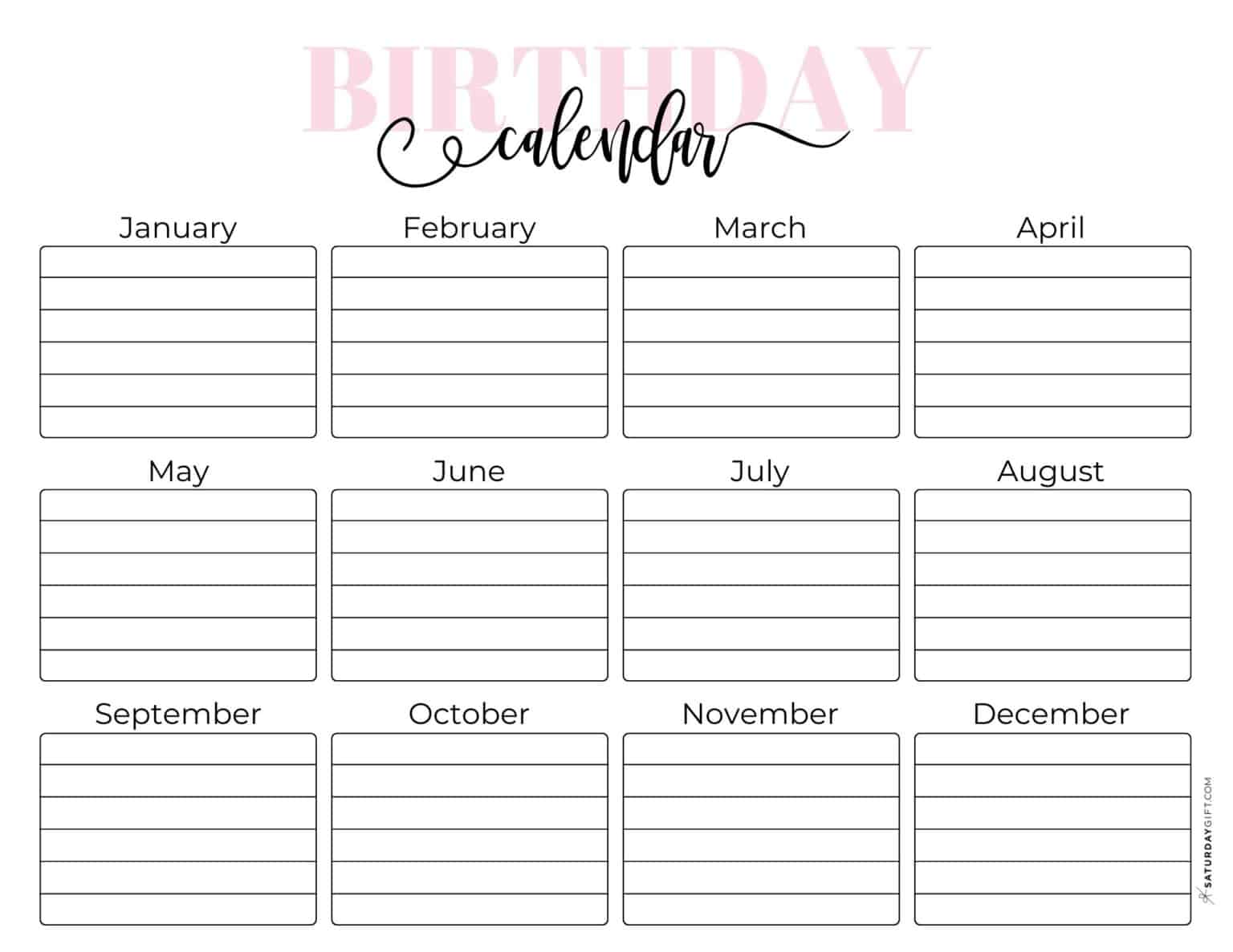 26 Cute & Free Printable Birthday Calendar Templates | SaturdayGift