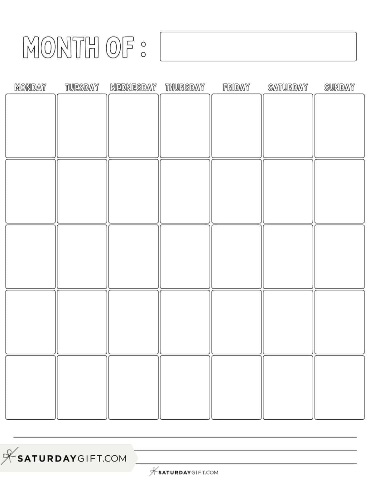 Blank Calendar templates - 29 Cute & Free Printables | SaturdayGift