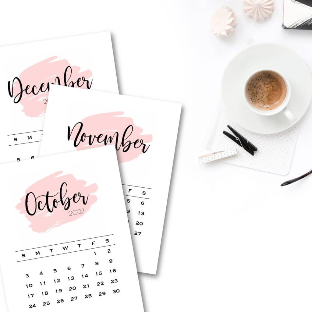 Free printable pink calendar 2027 for home office | SaturdayGift