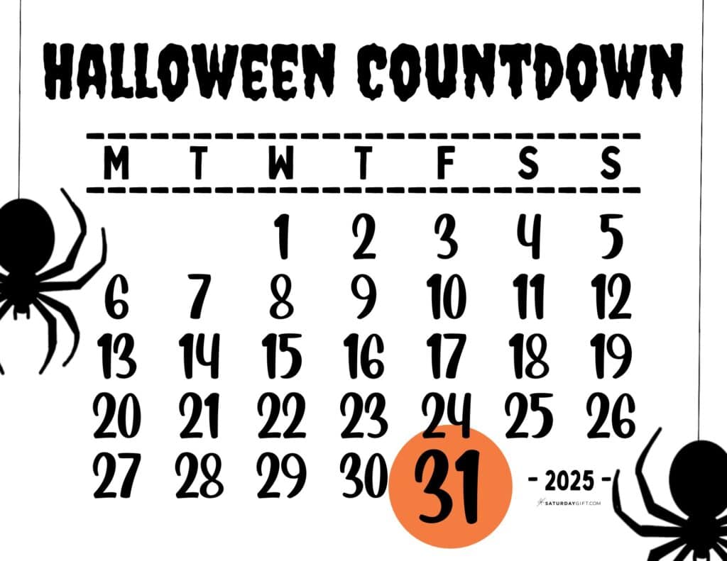 Halloween Countdown Calendar Printable Template 2025 - Monday Calendar | SaturdayGift