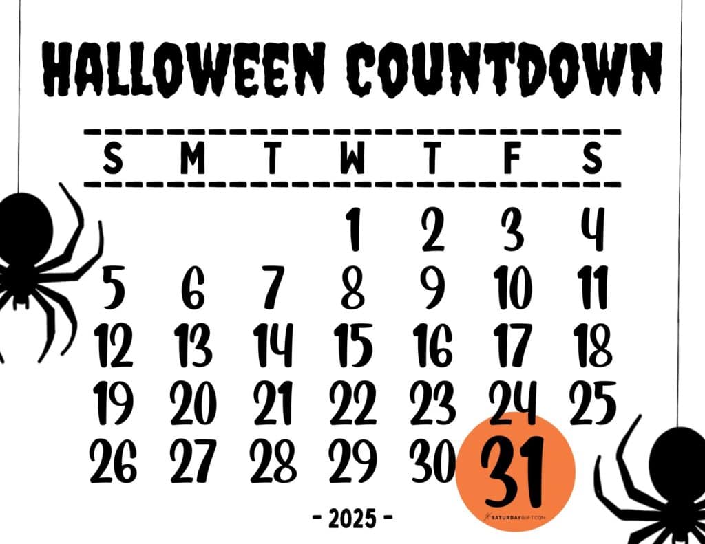 Halloween Countdown Calendar Printable Template 2025 - Sunday Calendar | SaturdayGift