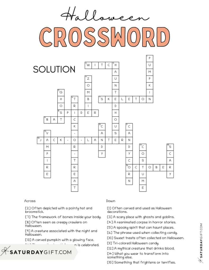 Halloween crossword puzzle printable with solution | SaturdayGift