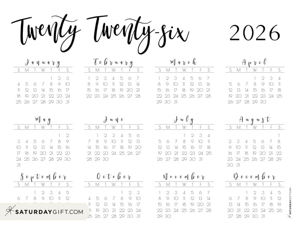 Horizontal 2026 Free Printable Calendar Twenty Twenty Six | SaturdayGift