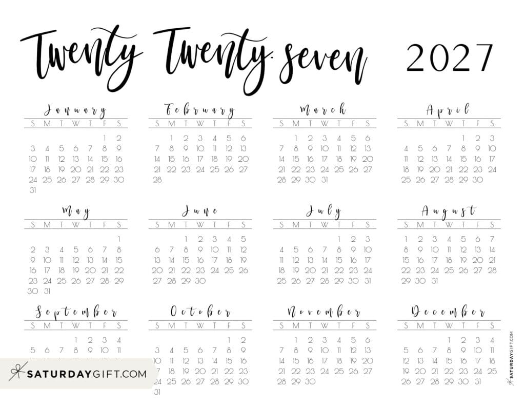 Horizontal 2027 Free Printable Calendar Twenty Twenty Seven