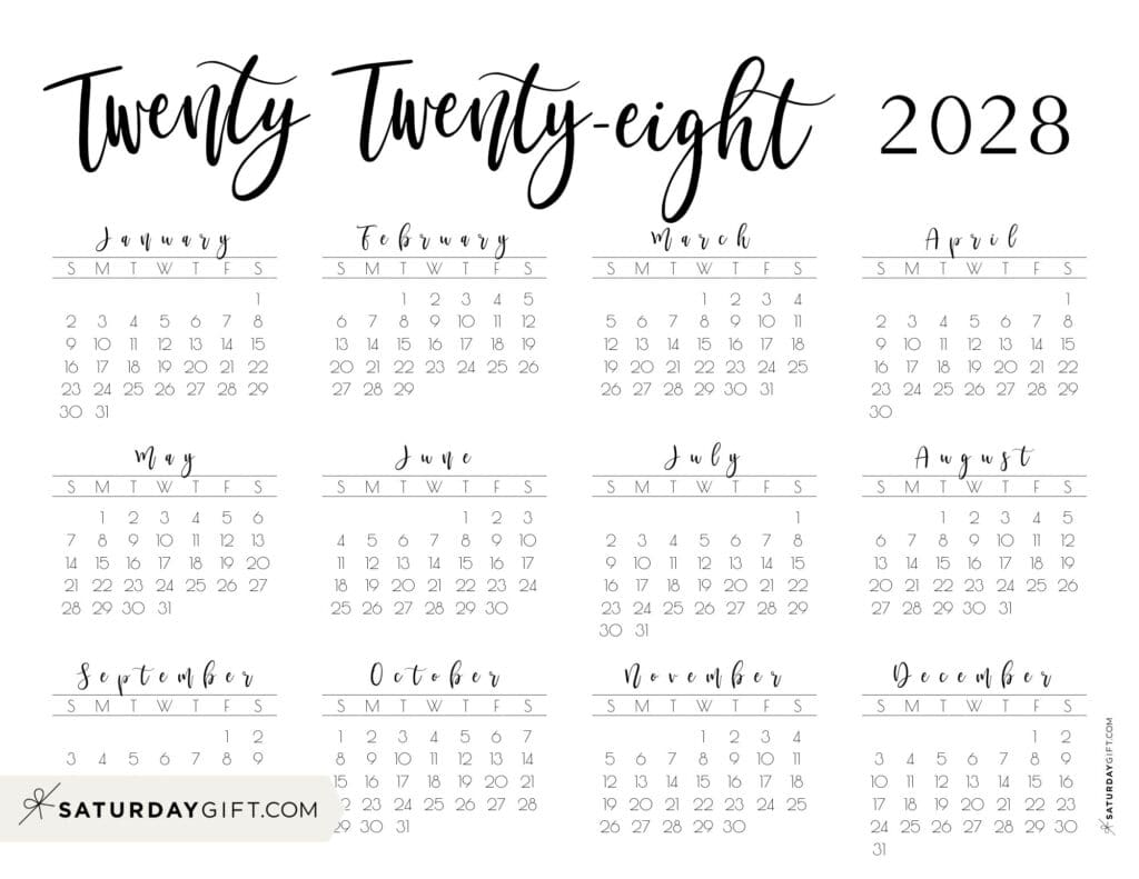 Horizontal 2028 Free Printable Calendar Twenty Twenty Eight