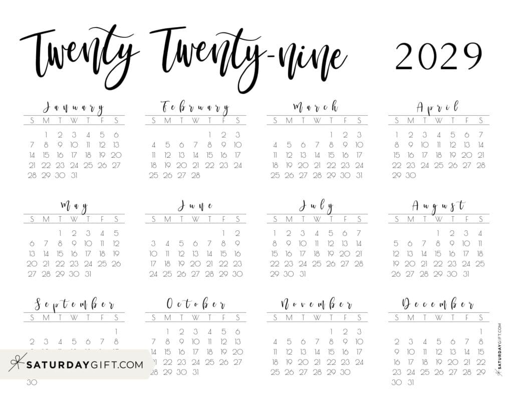 Horizontal 2029 Free Printable Calendar Twenty Twenty Nine