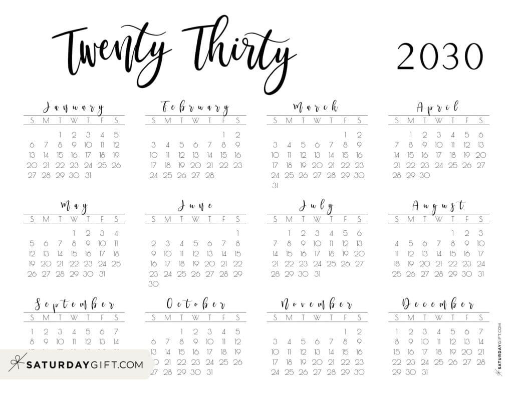 Horizontal 2030 Free Printable Calendar Twenty Thirty