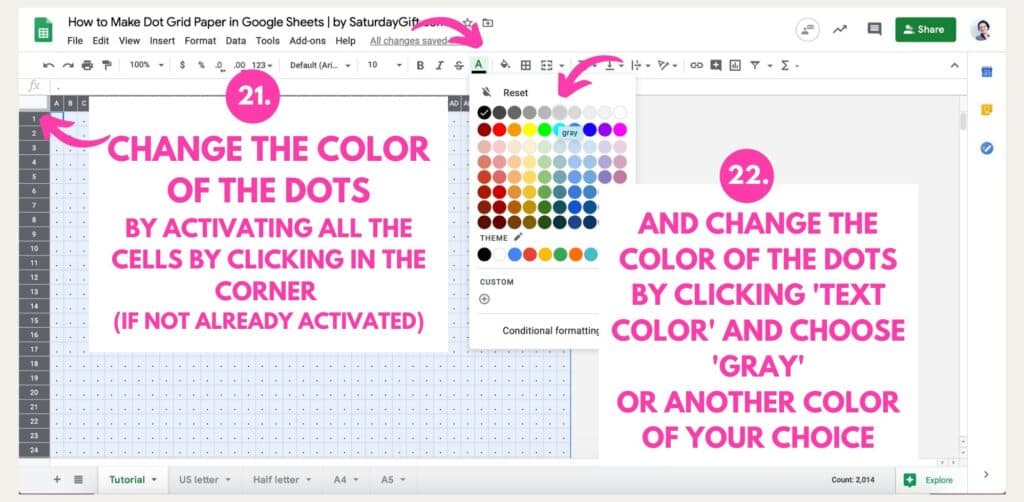 Step 15: How to make dot grid paper in Google Sheets