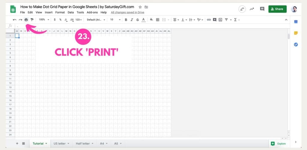 Step 16: How to make dot grid paper in Google Sheets