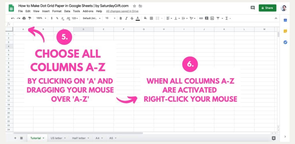 Step 4: How to make dot grid paper in Google Sheets