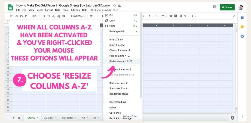 Step 5: How to make dot grid paper in Google Sheets