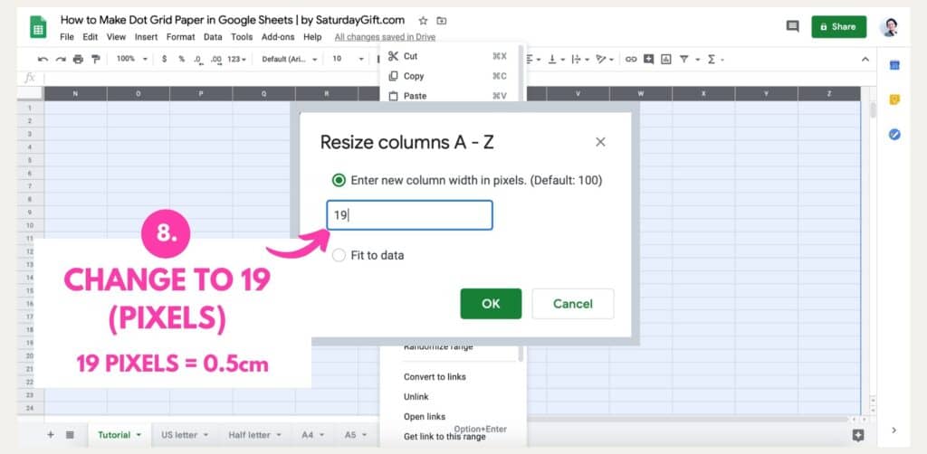 Step 6: How to make dot grid paper in Google Sheets