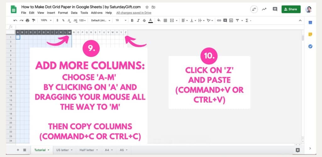 Step 7: How to make dot grid paper in Google Sheets