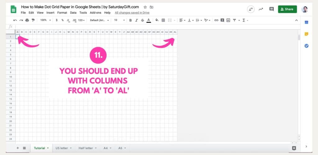 Step 8: How to make dot grid paper in Google Sheets