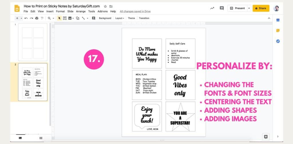 Instructions on how to print on Post-it notes using Google Slides Step 17
