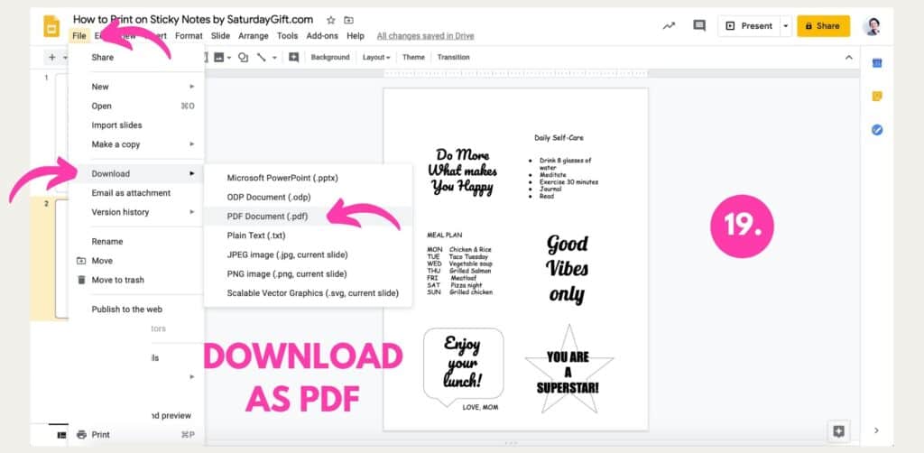 Instructions on how to print on Post-it notes using Google Slides Step 19