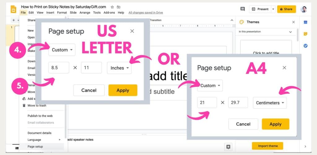 Instructions on how to print on Post-it notes using Google Slides Steps 4-5
