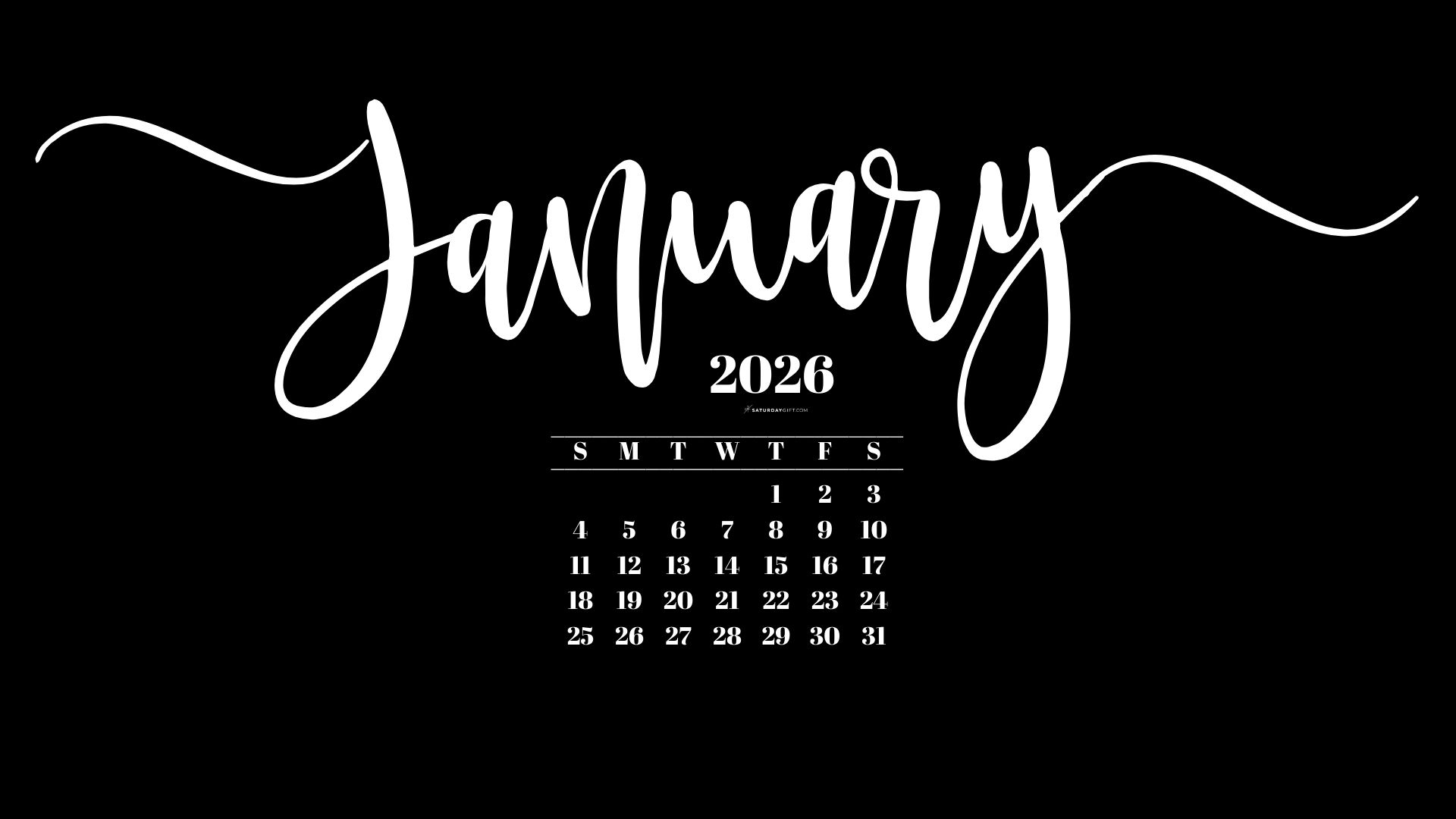 January 2026 Desktop Background Wallpaper - Black | SaturdayGift