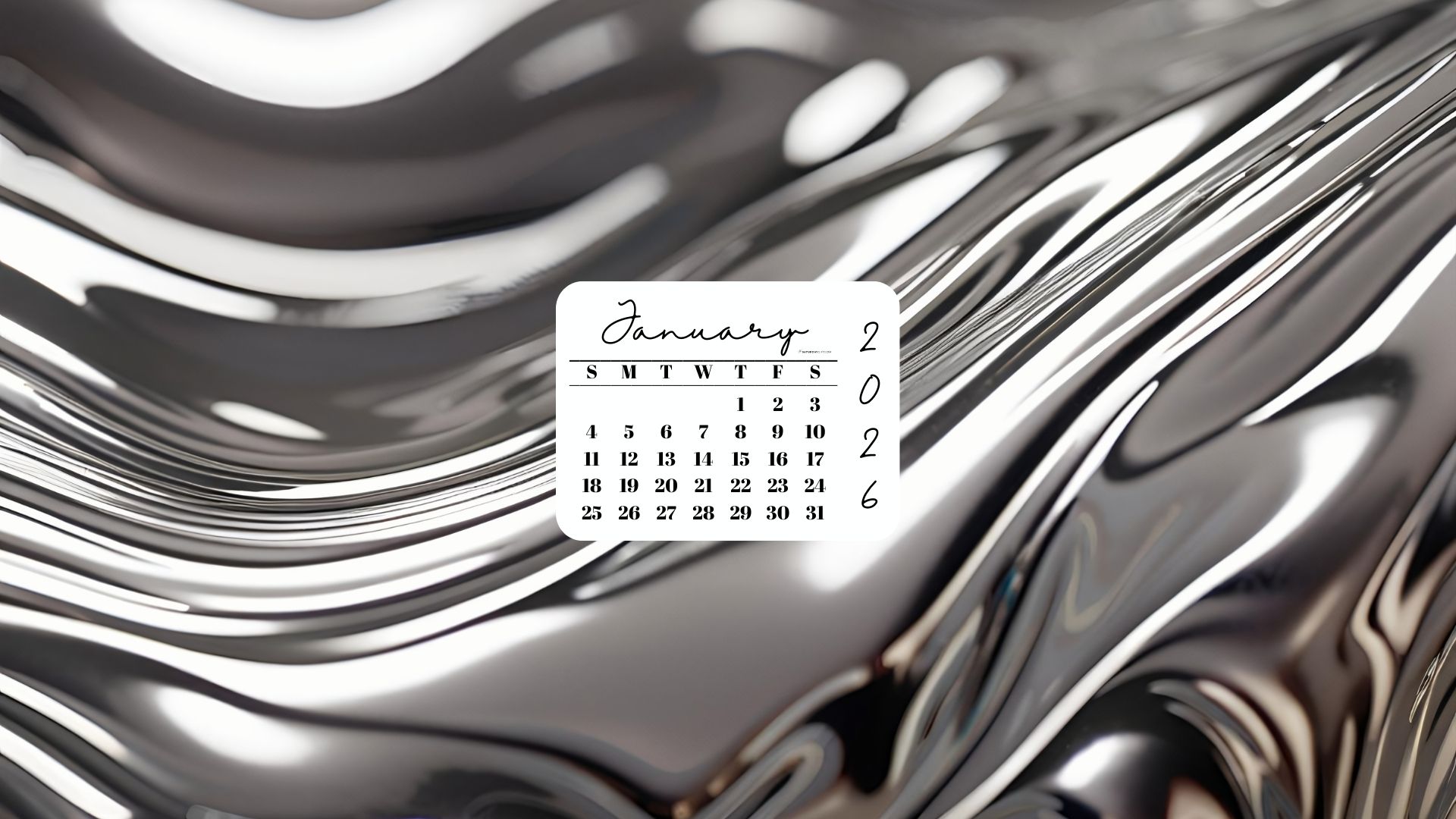 January 2026 Desktop Wallpaper Background - Liquid Silver | SaturdayGift