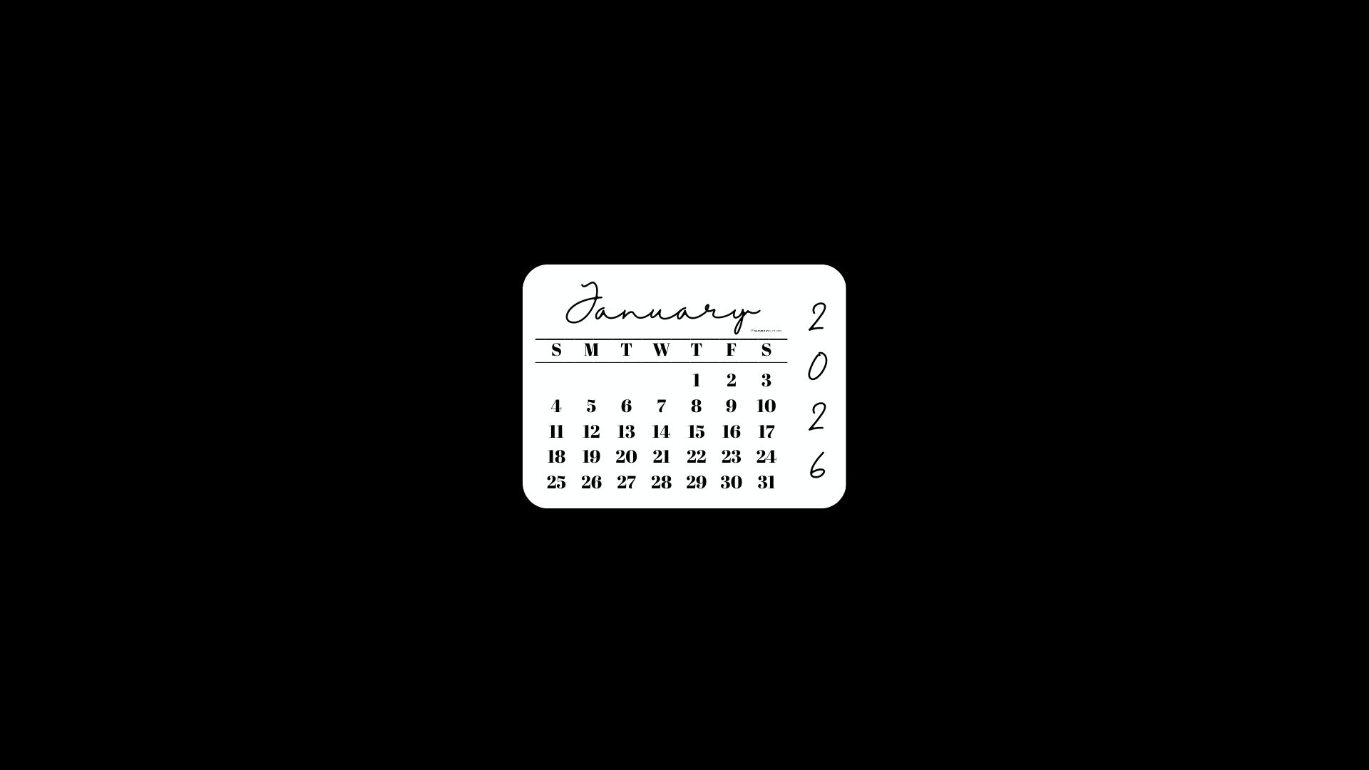 January 2026 Desktop Wallpaper Background - Minimal Black | SaturdayGift