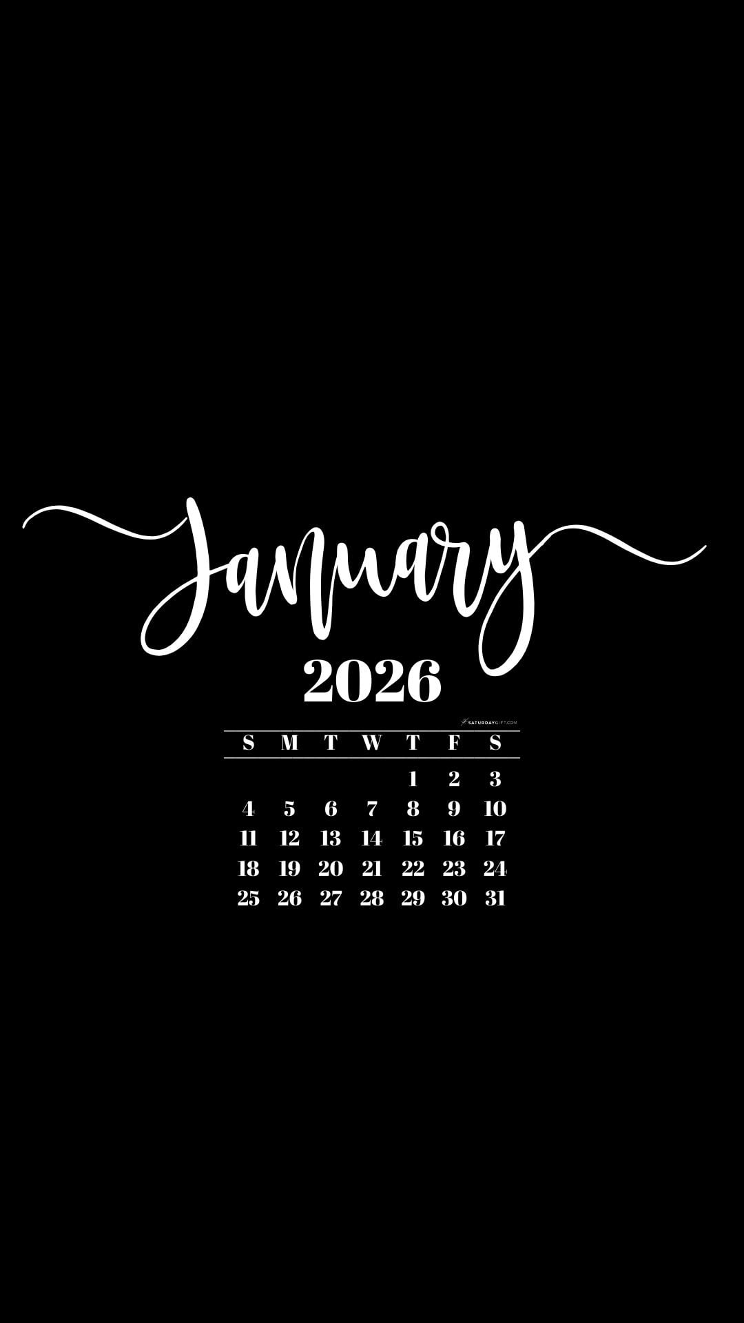 January 2026 Phone Background Wallpaper - Black | SaturdayGift