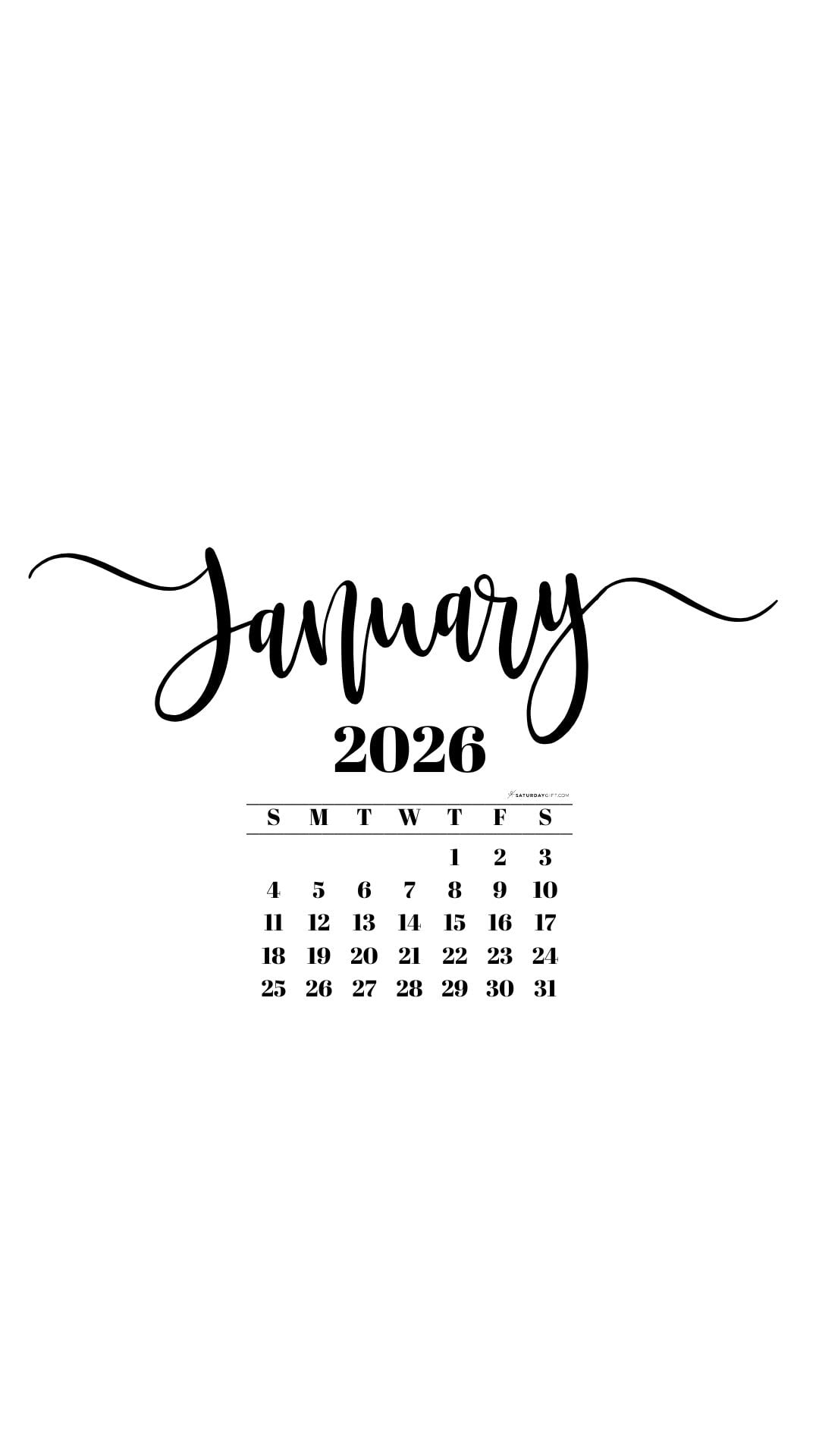 January 2026 Phone Background Wallpaper - White | SaturdayGift