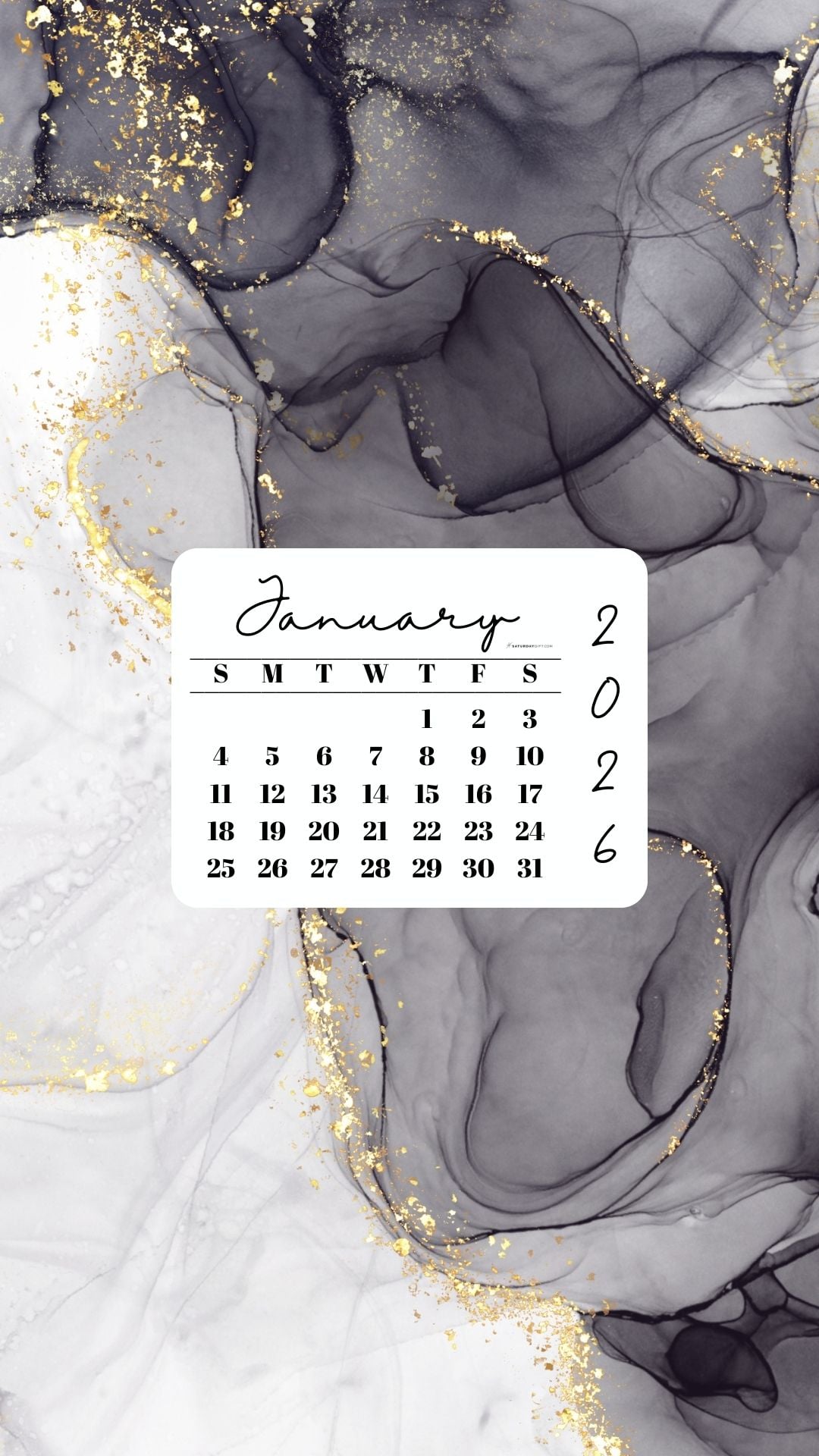 January 2026 Phone Wallpaper Background - Grey & Gold | SaturdayGift