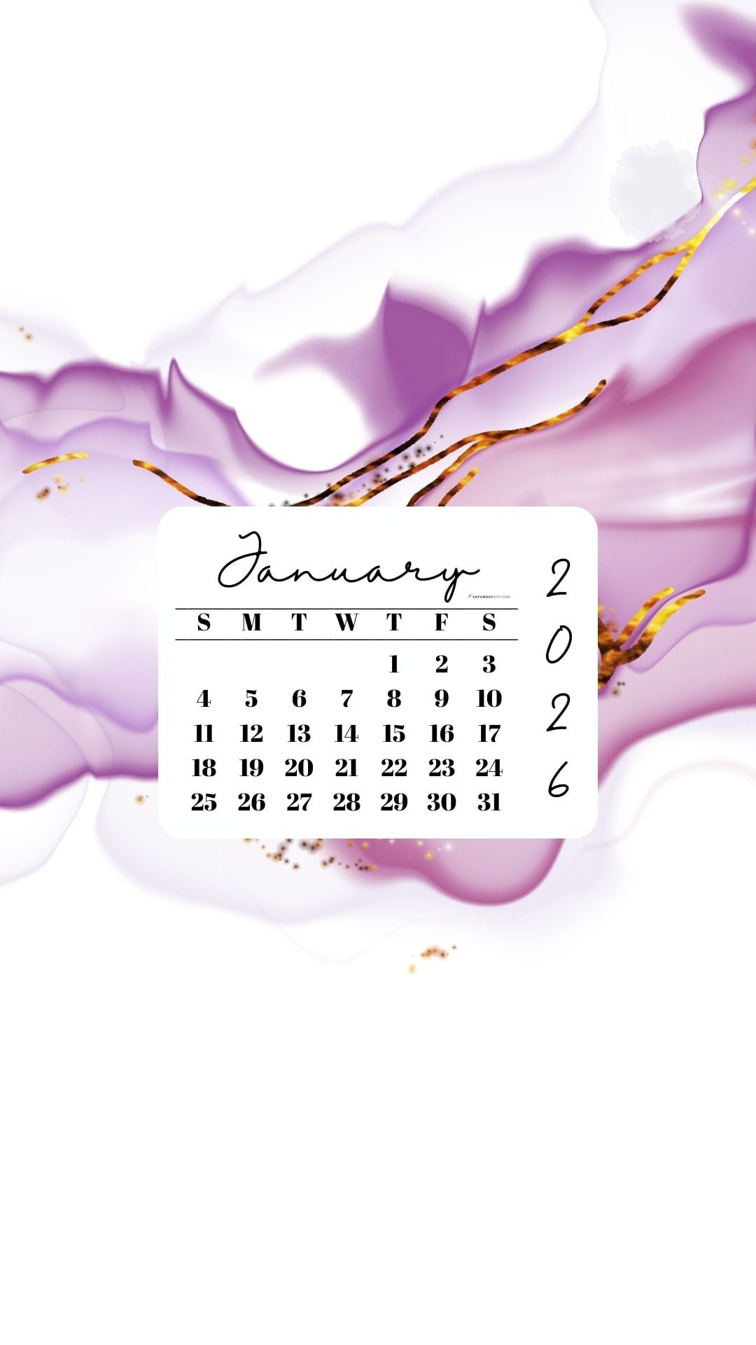 January 2026 Phone Wallpaper Background - Lilac & Gold | SaturdayGift