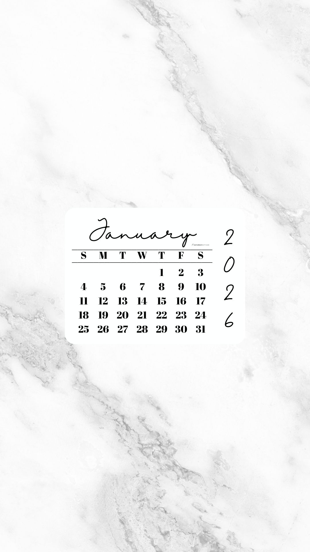 January 2026 Phone Wallpaper Background - White Marble | SaturdayGift
