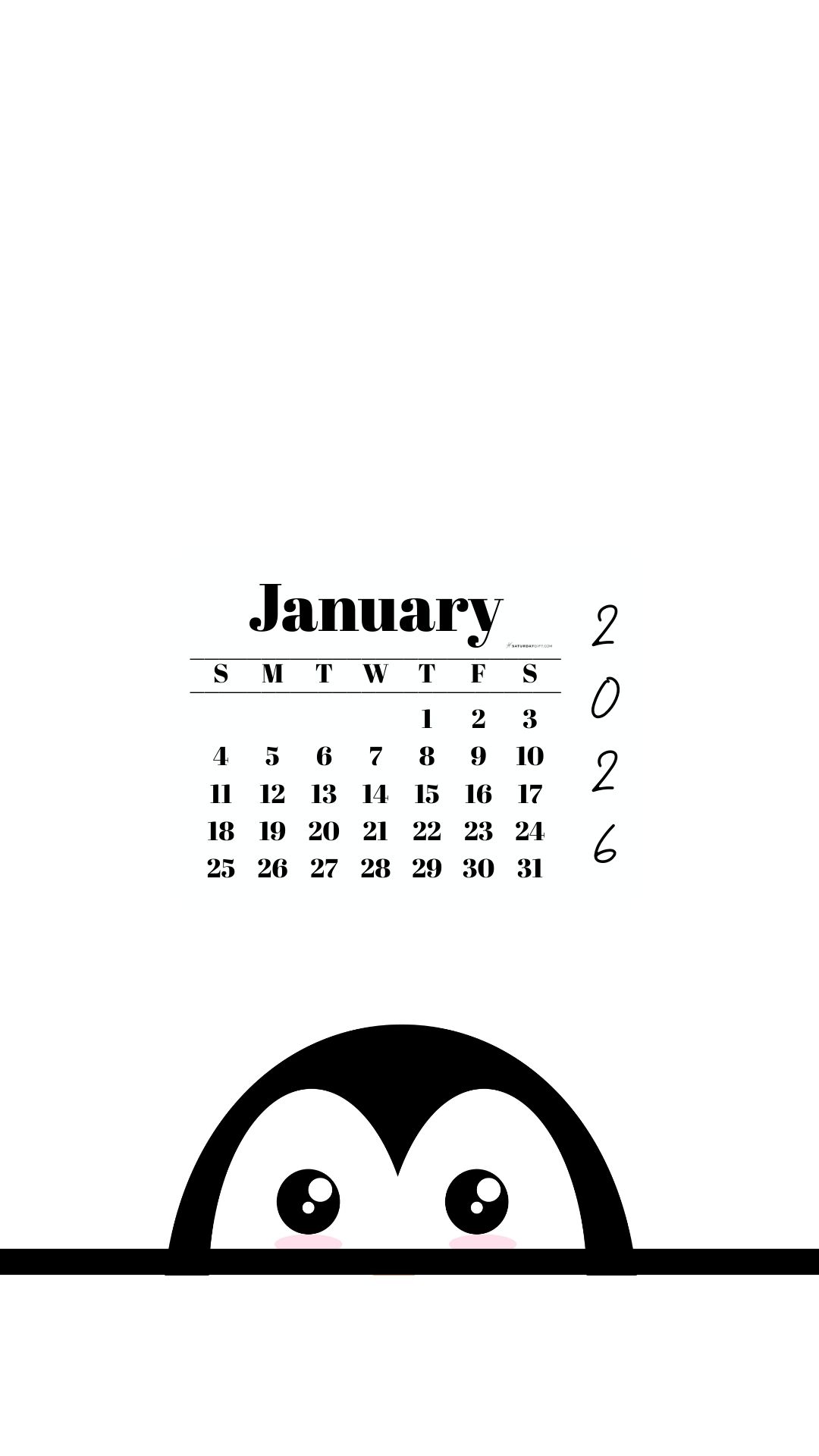 January 2026 Wallpaper for Phone - Shy Penguin | SaturdayGift
