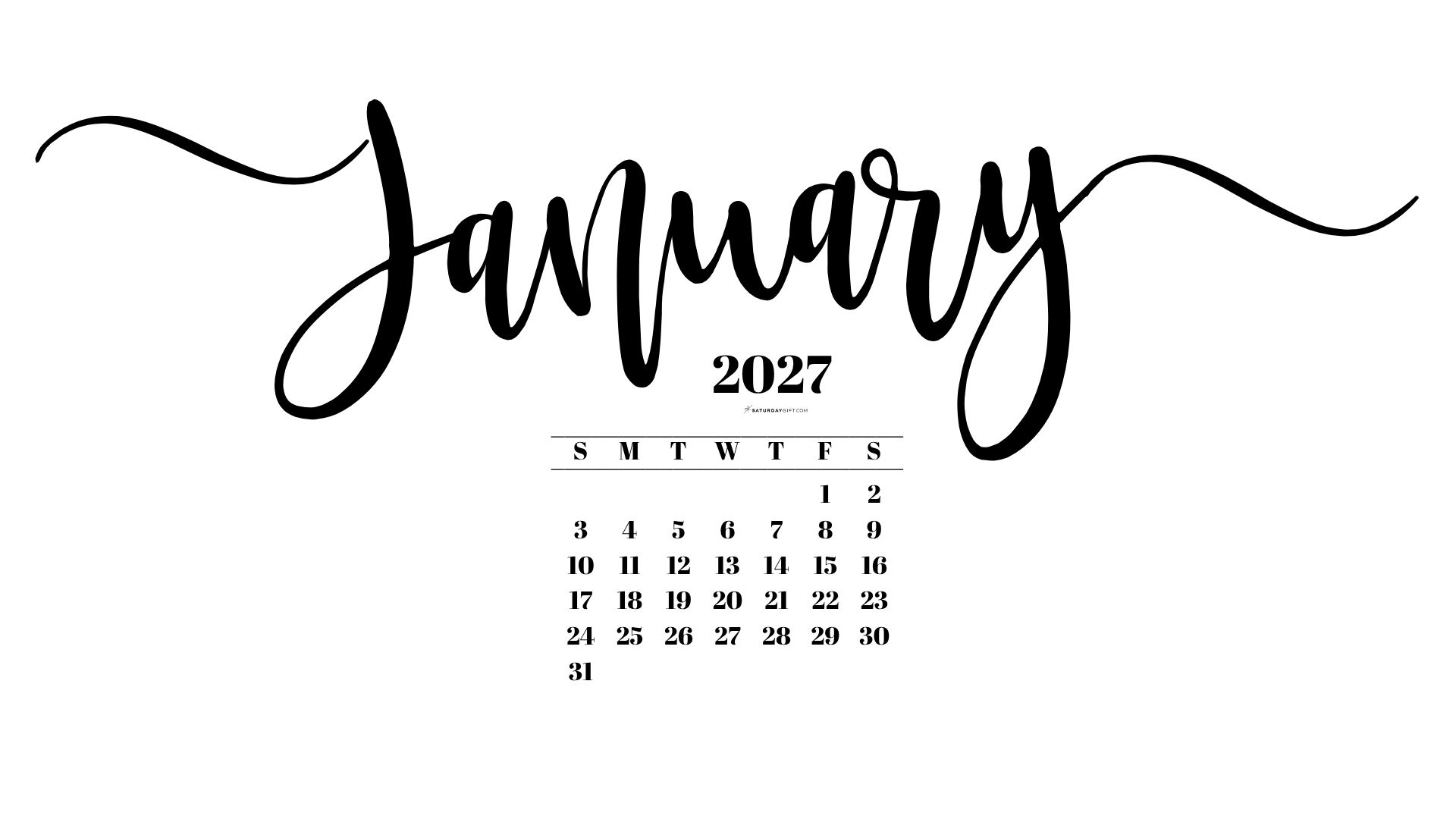 January 2027 Desktop Background Wallpaper - White | SaturdayGift