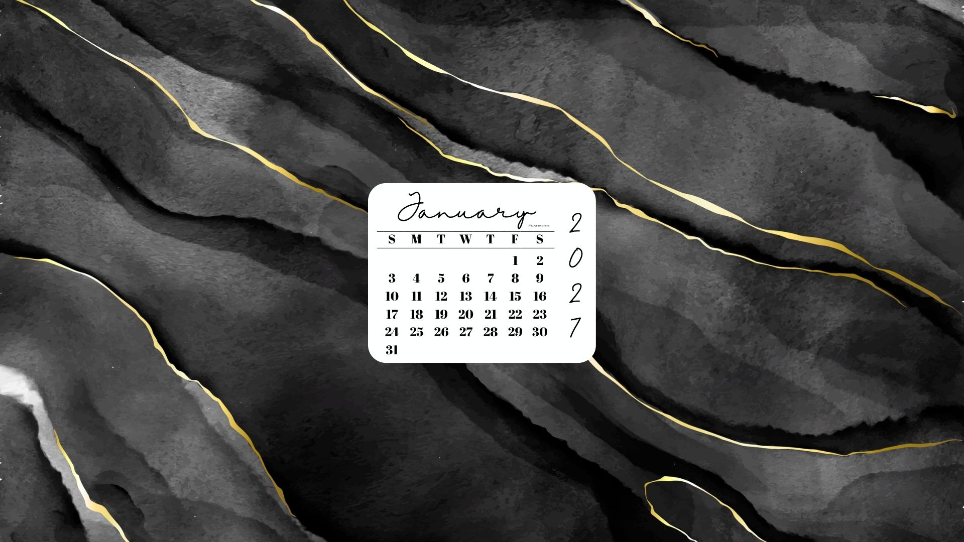 January 2027 Desktop Wallpaper Background - Black & Gold Watercolor | SaturdayGift
