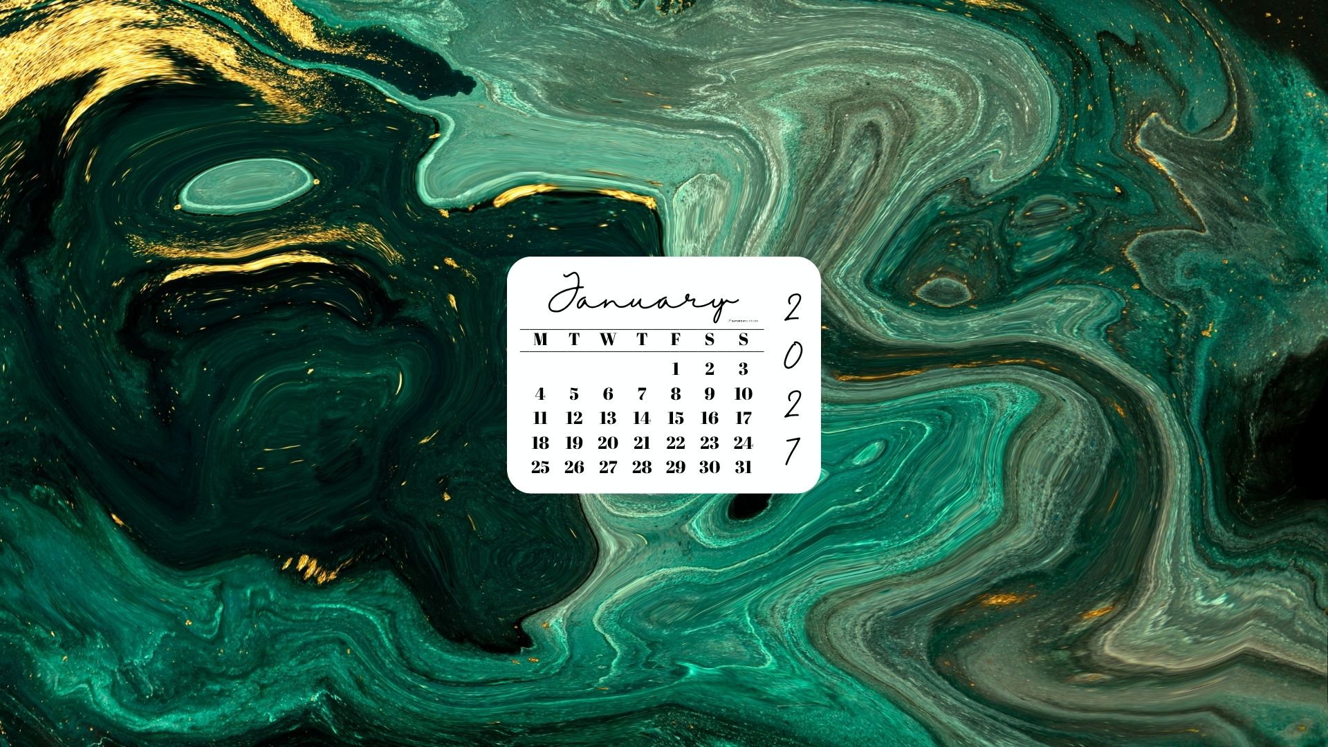January 2027 Desktop Wallpaper Background - Green & Gold | SaturdayGift