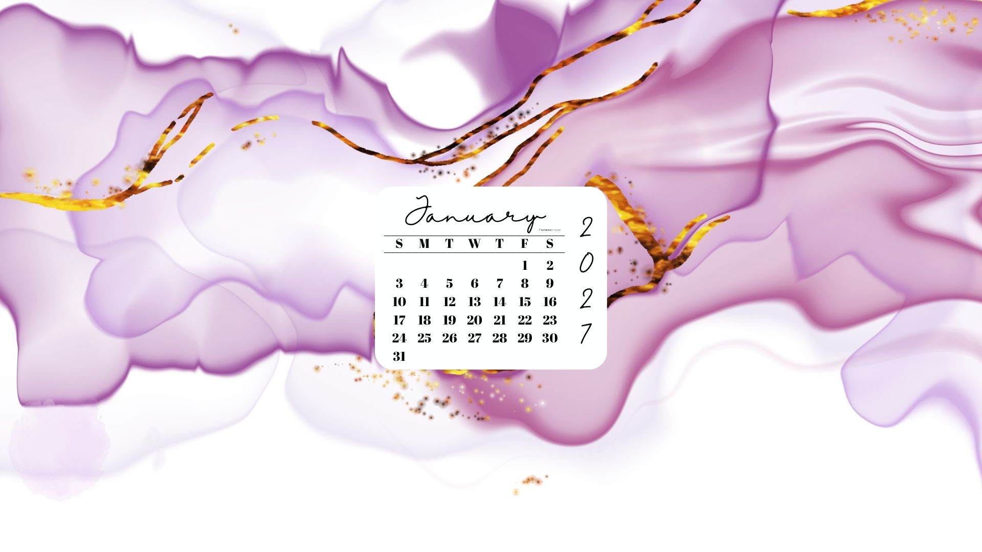 January 2027 Desktop Wallpaper Background - Lilac & Gold | SaturdayGift