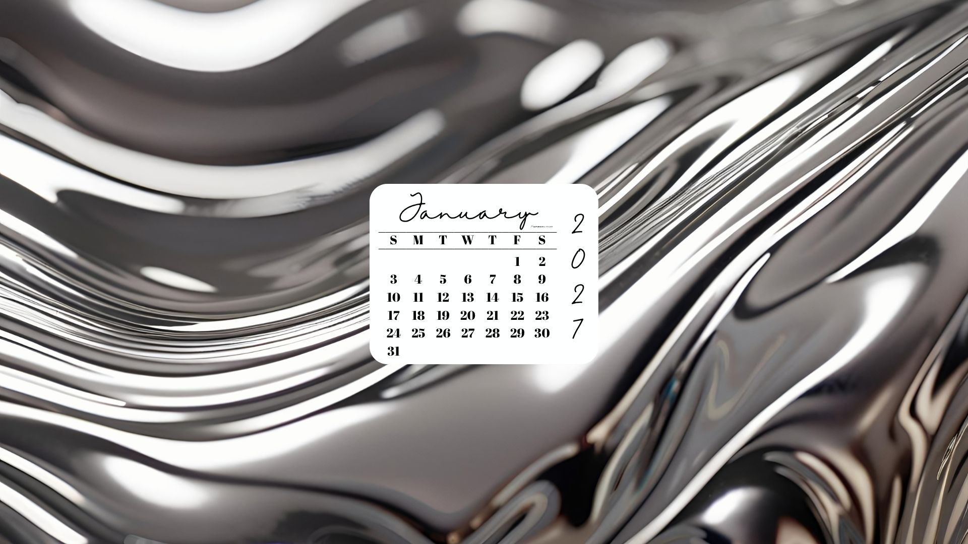 January 2027 Desktop Wallpaper Background - Liquid Silver | SaturdayGift