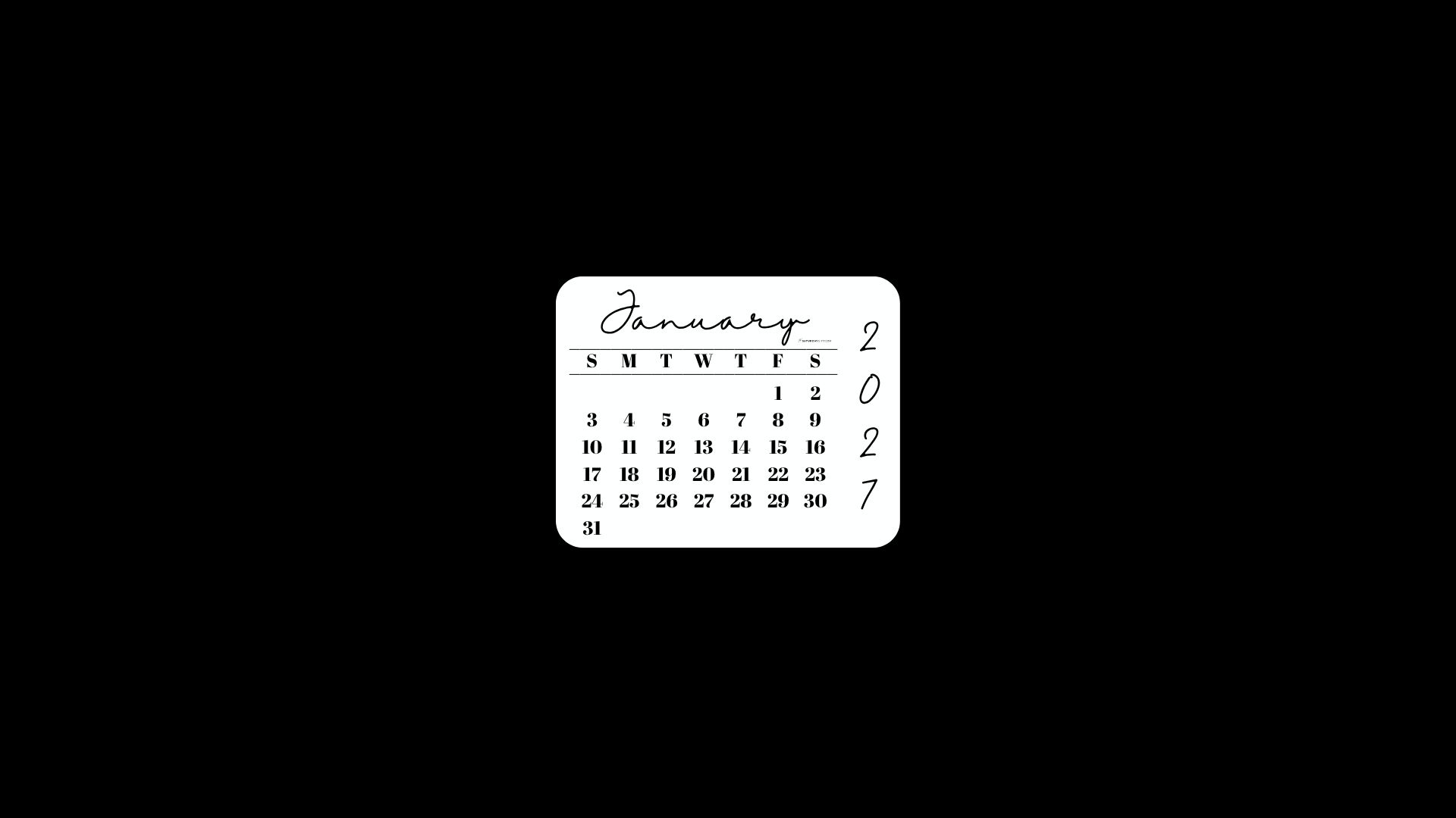 January 2027 Desktop Wallpaper Background - Minimal Black | SaturdayGift