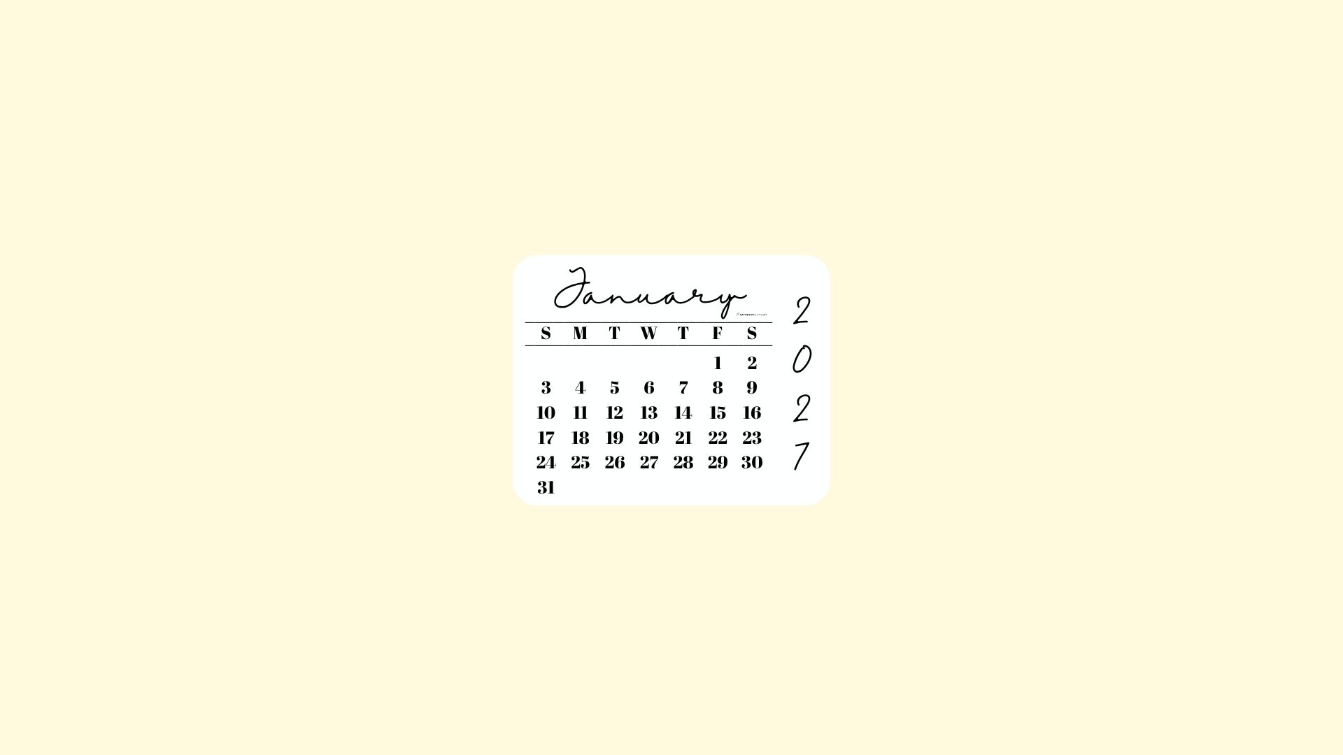 January 2027 Desktop Wallpaper Background - Minimal Yellow | SaturdayGift