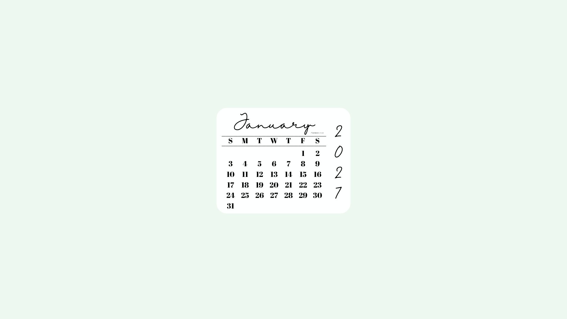 January 2027 Desktop Wallpaper Background - Simple Green | SaturdayGift