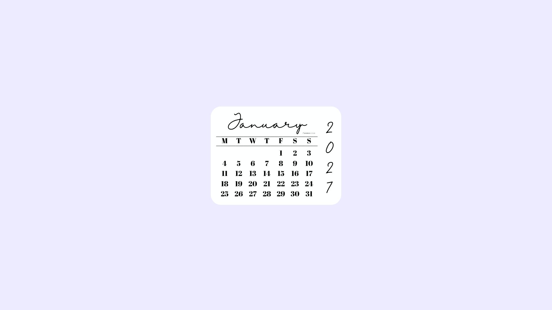 January 2027 Desktop Wallpaper Background - Simple Lilac | SaturdayGift