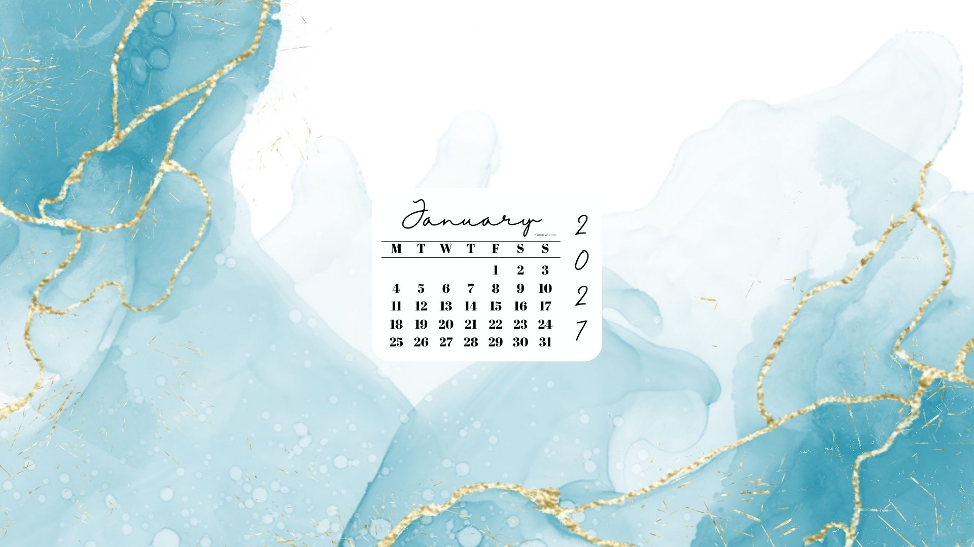 January 2027 Desktop Wallpaper Background - Turquoise Marble | SaturdayGift